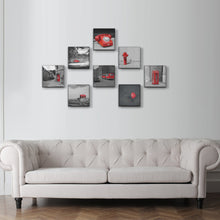 Cargar imagen en el visor de la galería, Set de 8 cuadros 20x20cm tematica blanco y negro con figuras rojas
