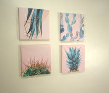 Cargar imagen en el visor de la galería, Set de 4 cuadros 30x30cm temática pinas fondo rosa
